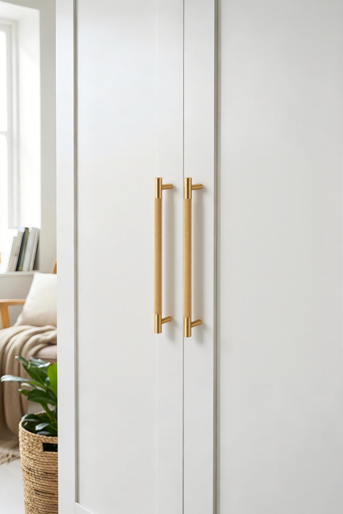 Brushed gold Kova pulls on white wardrobe doors in a Scandinavian interior