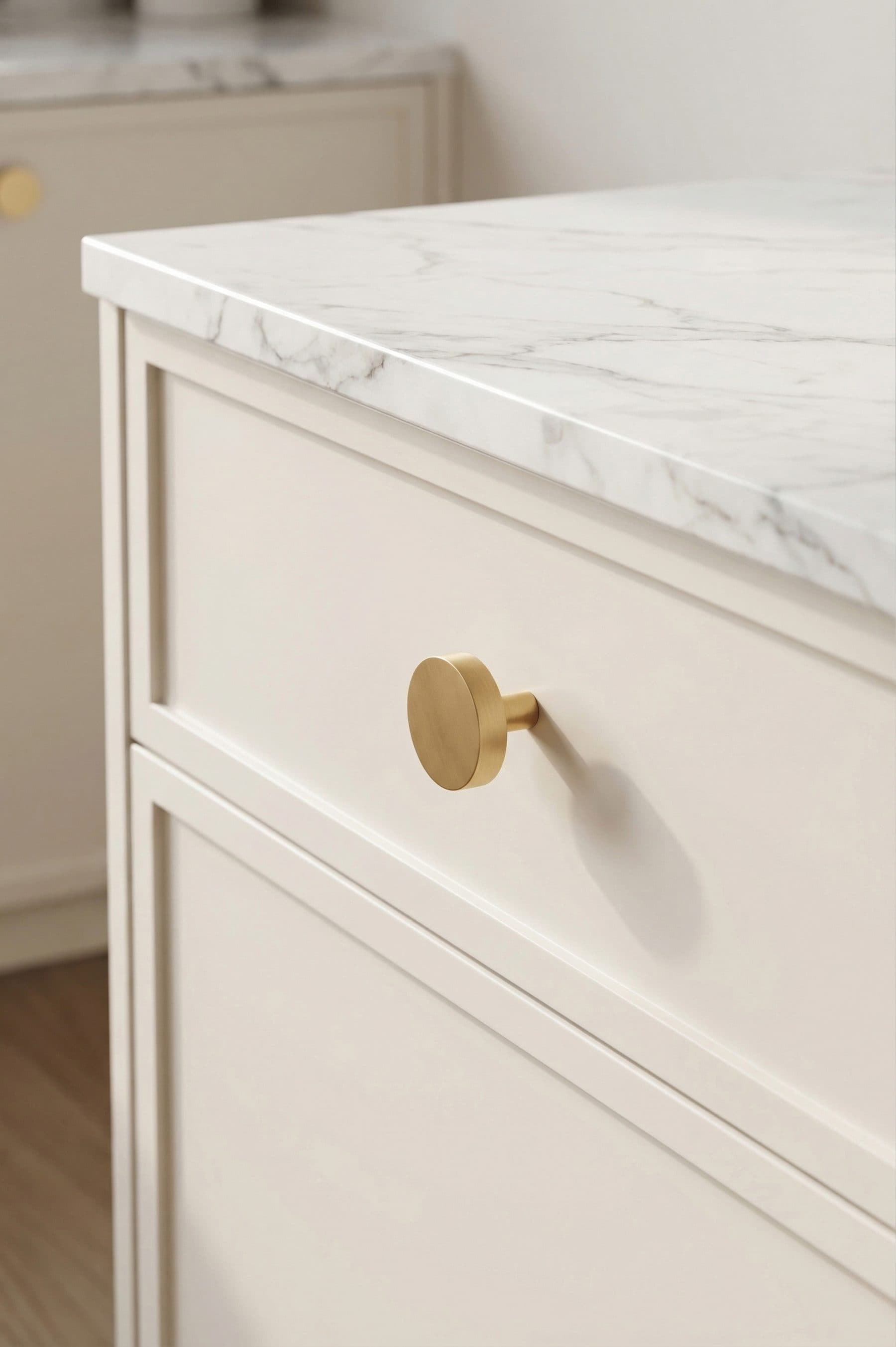 Demi brass knob on sage green cabinetry with marble countertop