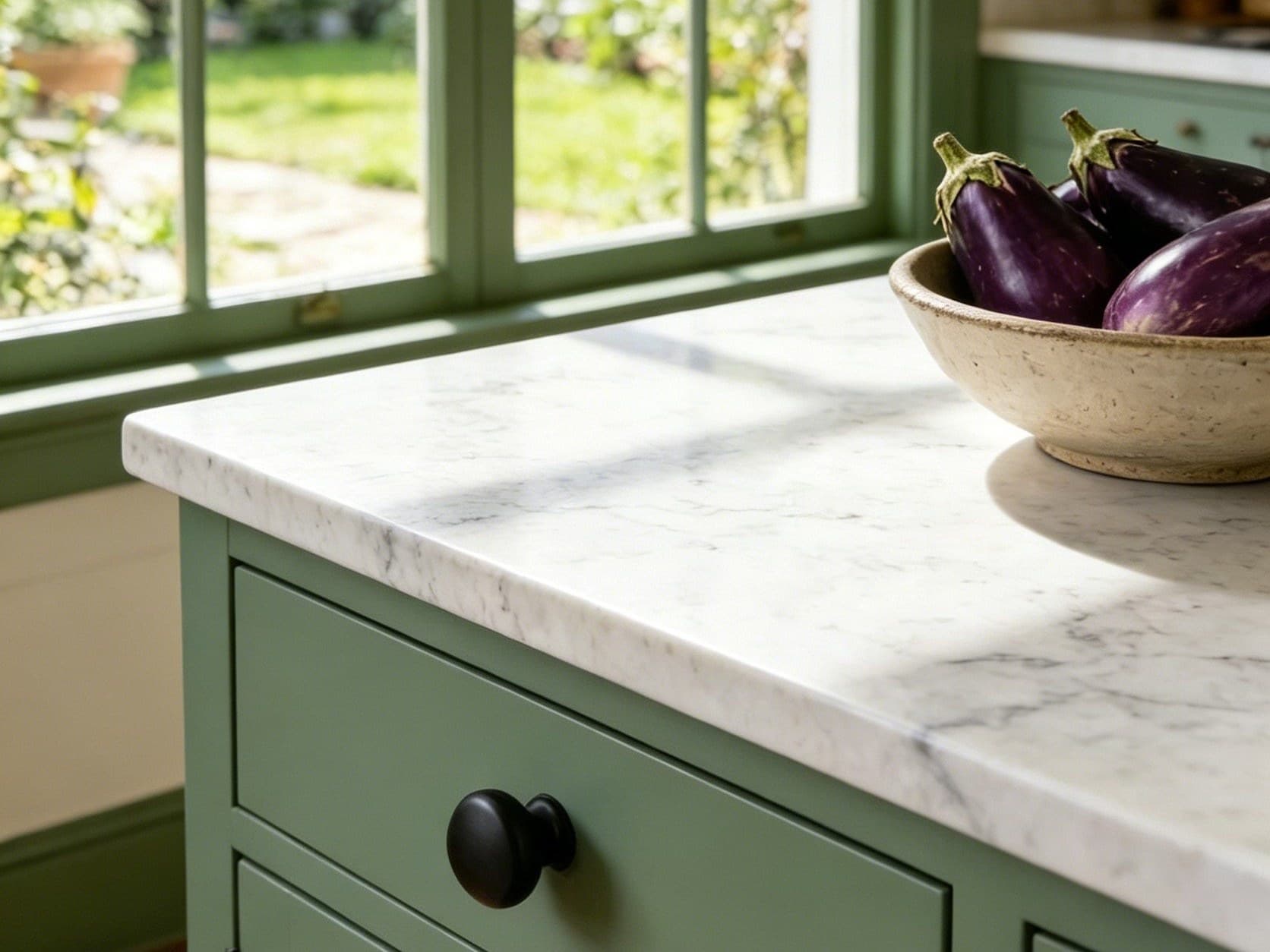 Arlo matte black knob on sage green kitchen cabinet
