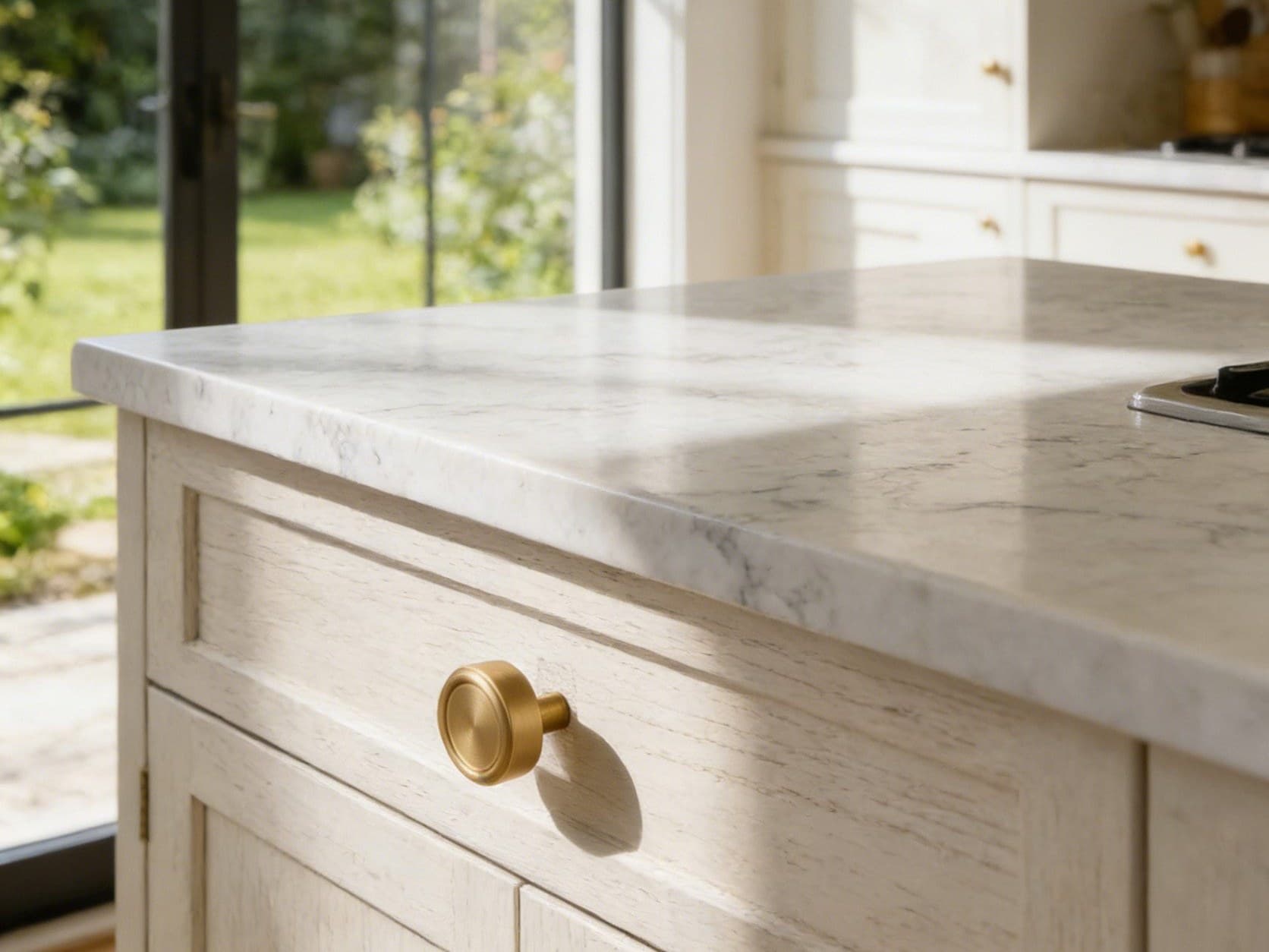 Palo brushed gold knob on cream kitchen island with marble countertop
