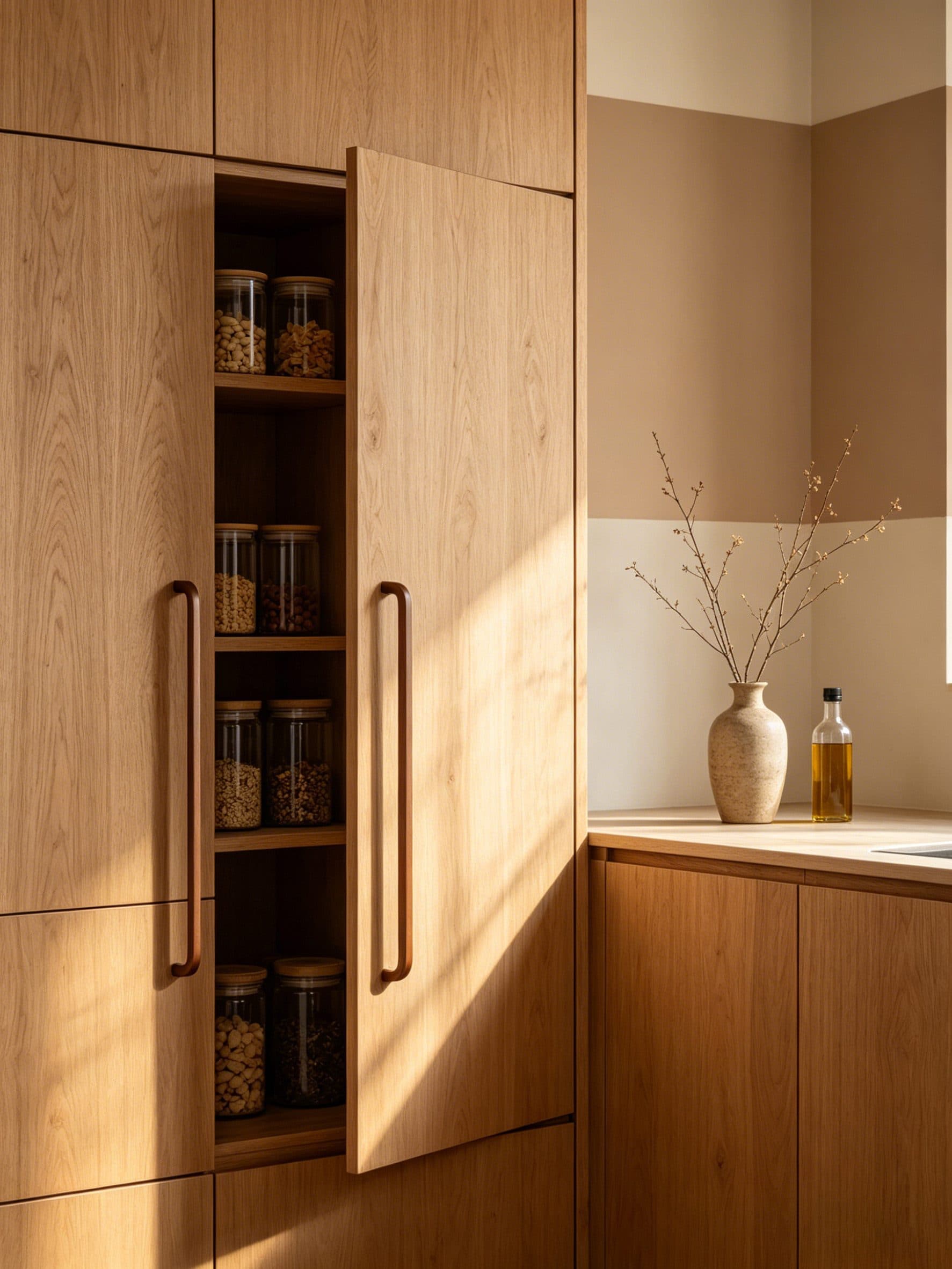 Rivo solid brass pull on walnut cabinetry